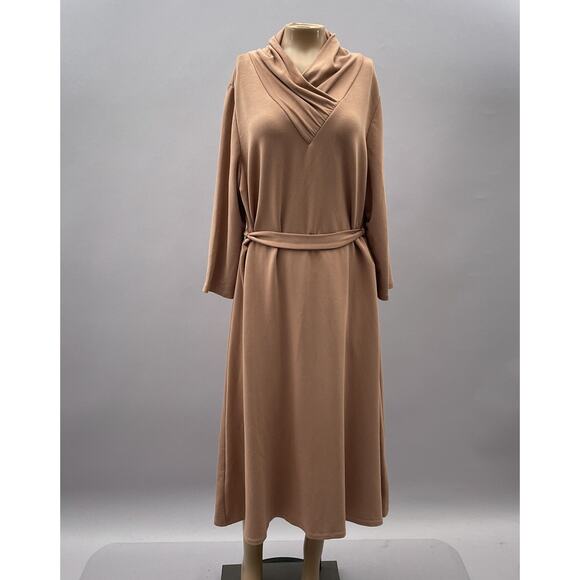 Calvin Klein Dress Women XL Brown Midi Shift Belted Shawl Collar Classic Fall - Picture 1 of 10